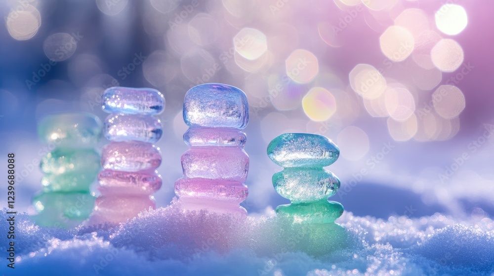 Poster vibrant ice stacks in shades of blue, green, and pink arranged on a snowy field, with a dreamy soft 