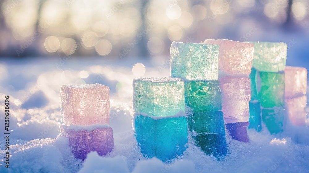 Poster vibrant ice stacks in shades of blue, green, and pink arranged on a snowy field, with a dreamy soft 