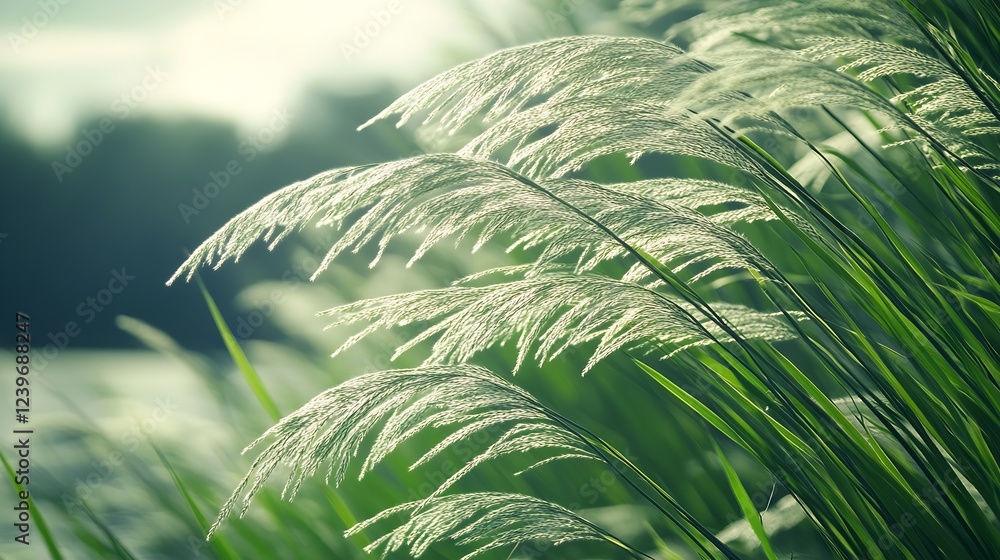 Aufkleber close up of elegant grass blades illuminated by soft sunlight on a tranquil lakeside setting : gener
