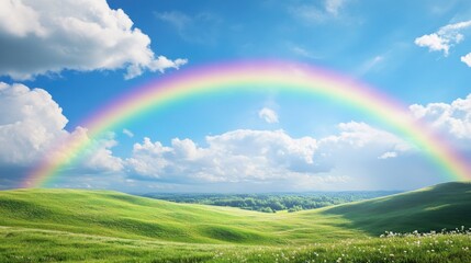 Obraz premium Vibrant rainbow arcing over rolling green hills, creating a stunning contrast against a brilliant blue sky with soft white clouds.