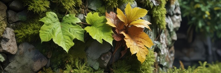 Close-up of rare exotic leaves on a moss-covered stone wall,  moss,  plants,  greenery