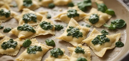 Close-up of ricotta and spinach mixture inside freshly made ravioli,  cheese,  filling,  spinach