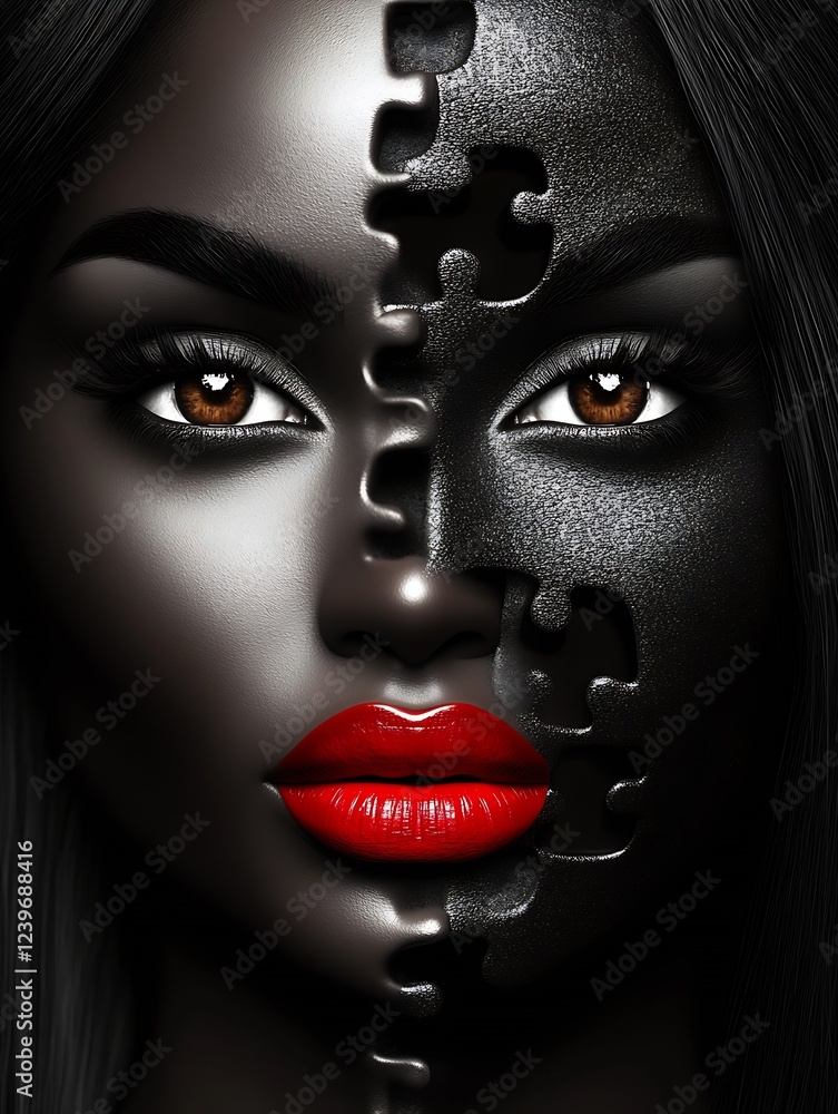 Aufkleber artistic representation of a woman's face with puzzle piece elements showcasing beauty and complexit