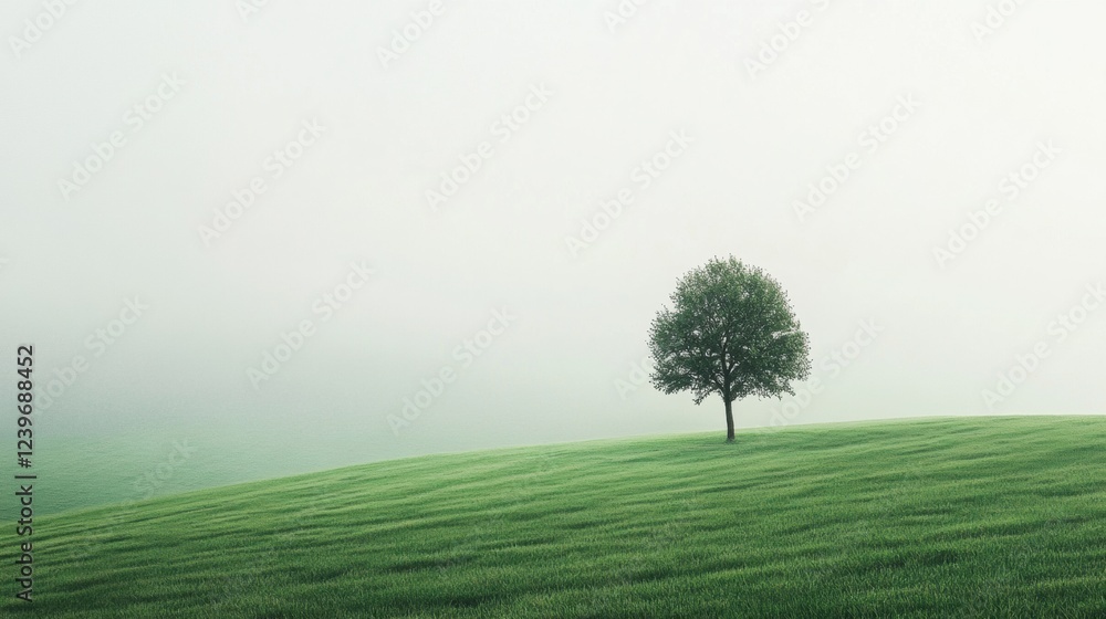 Poster lonely tree standing on a foggy green hill during a calm morning. generative ai