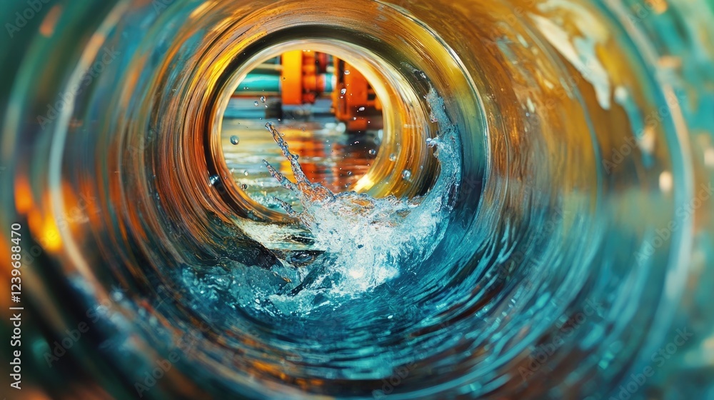 Poster water flows inside a pipe, swirling and creating motion, as vibrant machinery in the background adds