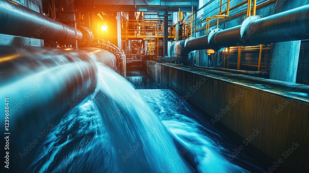 Poster Water flows inside a pipe, swirling and creating motion, as vibrant machinery in the background adds a modern, futuristic element.