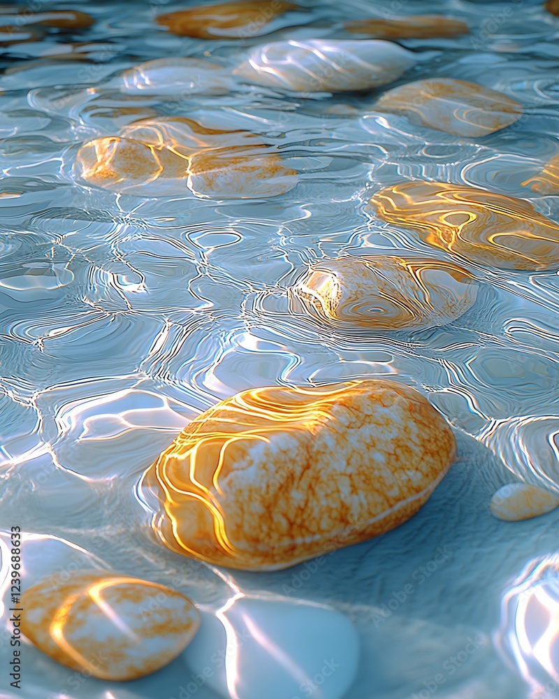 Poster beautiful texture of stones under water with rippling reflection and warm light : generative ai
