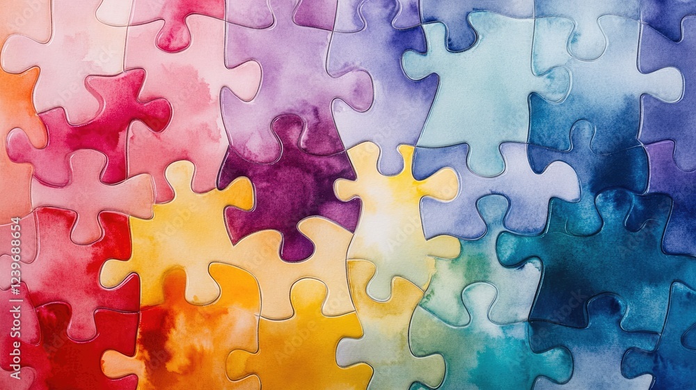 Poster watercolor puzzle pieces come together in a fluid pattern, representing unity, integration, and dive