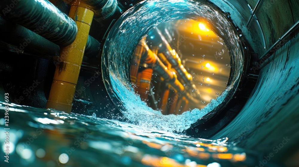 Poster water flows inside a pipe, swirling and creating motion, as vibrant machinery in the background adds