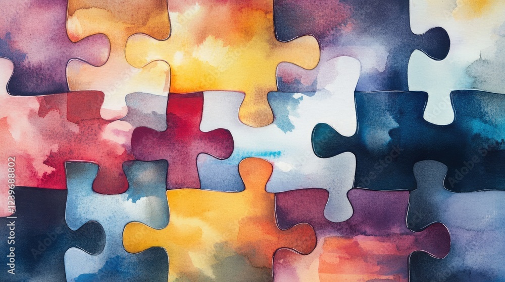 Poster watercolor puzzle pieces interlock in a design that symbolizes diversity, unity, and integration, us