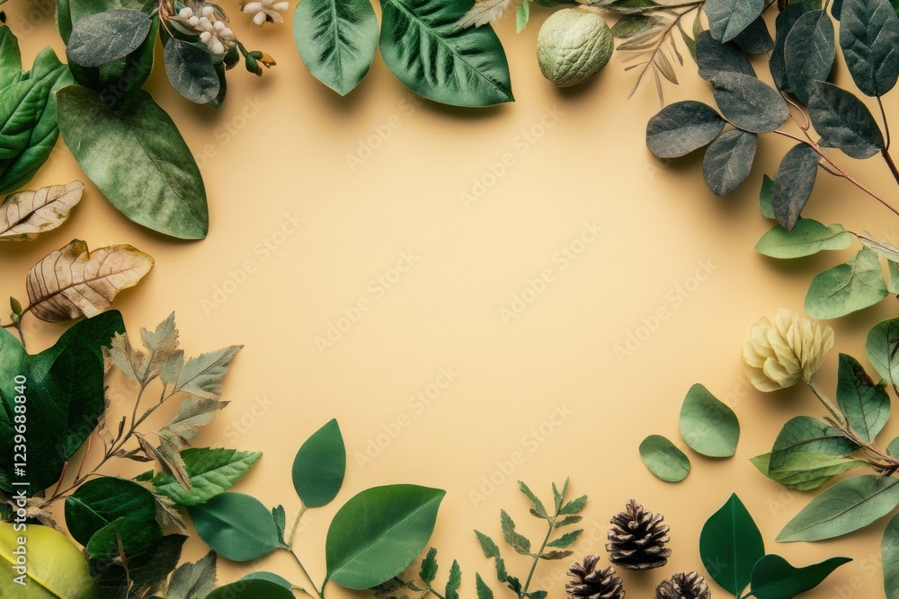 Poster Nature inspired arrangement of various leaves and natural elements on a plain background. Generative AI