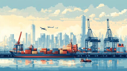 Obraz premium Bustling Port Scene with Cargo Containers and City Skyline in High Detail, Showcasing Urban Activity and Maritime Operations
