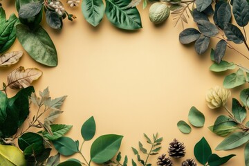 Nature inspired arrangement of various leaves and natural elements on a plain background. Generative AI
