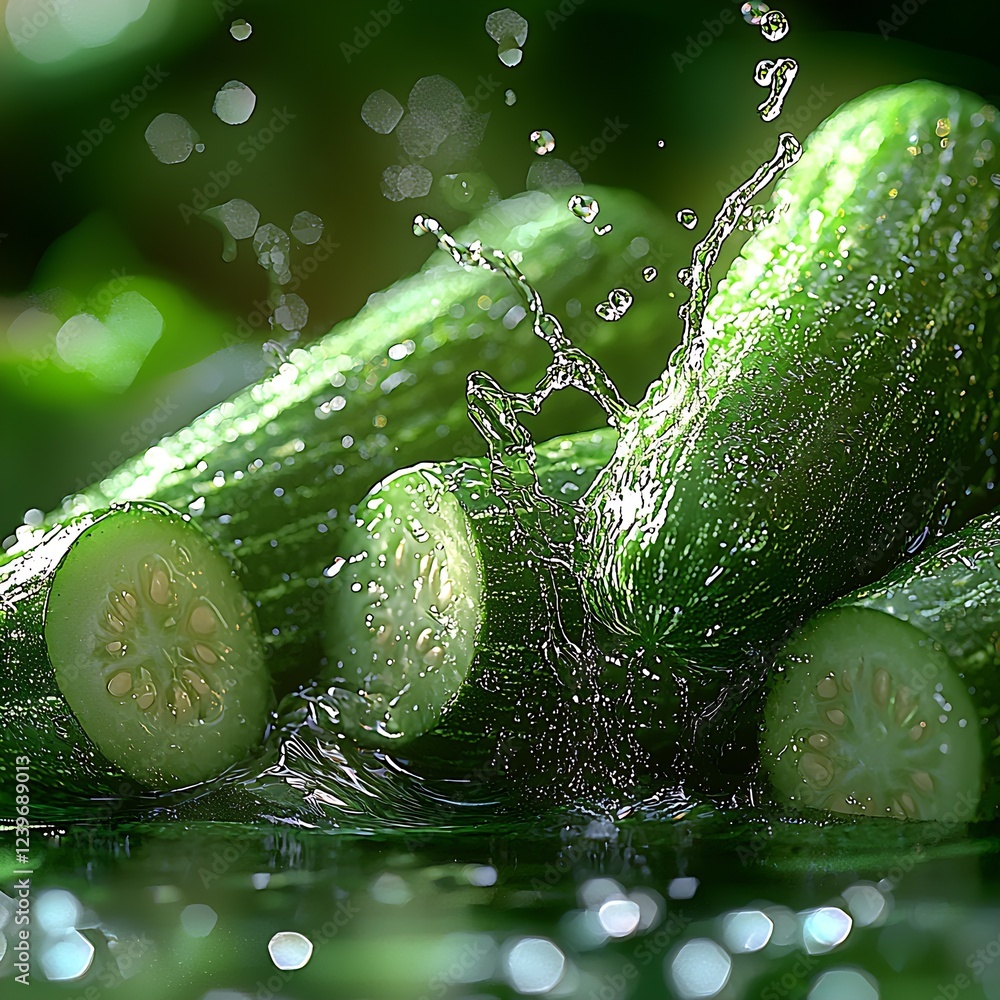 Aufkleber fresh cucumbers splashing in water with droplets highlighting freshness and quality : generative ai