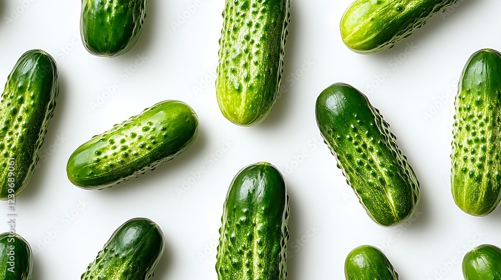 Poster fresh green cucumbers arranged aesthetically on white background : generative ai