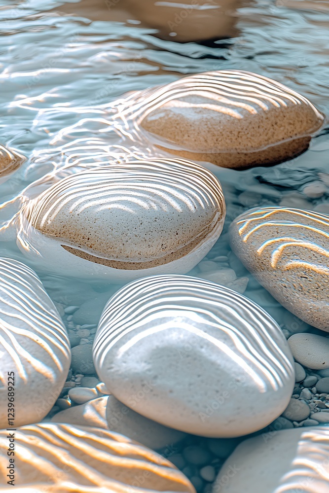 Leinwandbilder smooth textured pebbles beneath gentle water ripples reflected sunlight creating beautiful patterns 