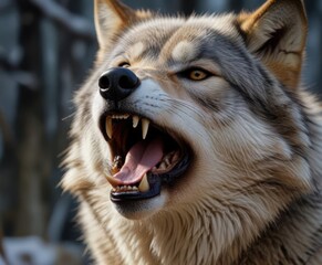 Obraz premium Close-up portrait of a gray wolf's face with its mouth open in a loud howl, close-up, forest, wild animal