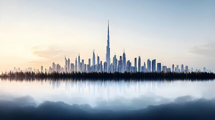 Fototapeta premium Modern Cityscape Reflects in Calm Water with Forest and Tall Buildings at Sunset