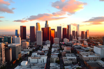 Obraz premium Cityscape Reflects Golden Hour Glow, Towers Soar Majestically Above Urban Sprawl at Sunset