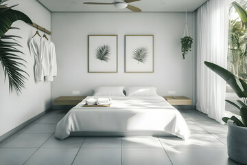 Modern Minimalist Bedroom Interior Design Showcases a Serene Ambiance with Natural Elements and Soft Sunlight