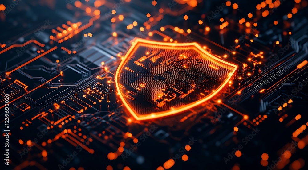 Aufkleber Cyber Security Shield Concept with Digital Circuit Design and Orange Glow : Generative AI