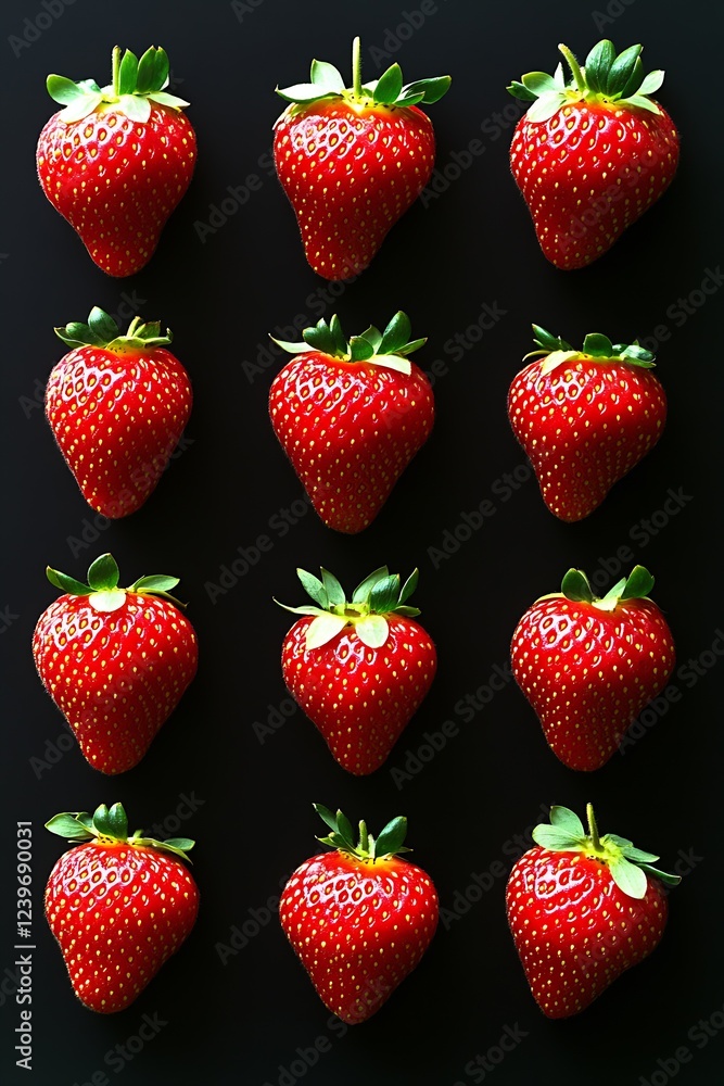 Poster fresh and vibrant strawberries arranged neatly on a dark background : generative ai