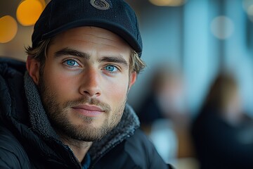 Engaging Portrait of a Young Man in Casual Wear Smiling with Sharp Blue Eyes : Generative AI