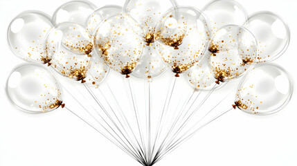 Fototapeta premium Clear Balloons Filled with Golden Confetti Float Elegantly Against a White Backdrop