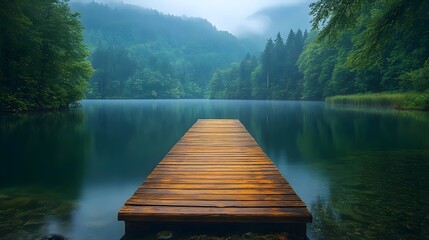 A wooden bridge spans a lake with a view of the mountains