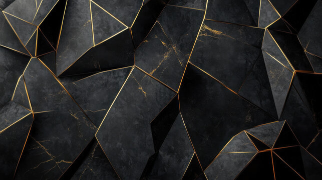 A high-end artistic background, deep charcoal and black geometric layers with thin golden accents, ultra-modern and sleek visual appeal