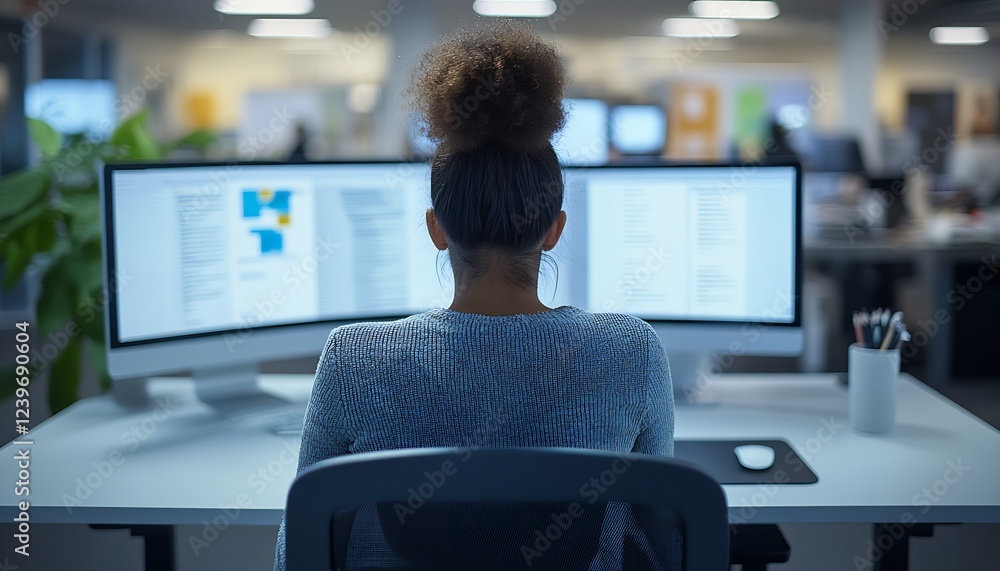 Poster Female Working on a Computer with Dual Monitors in a Modern Office Setting : Generative AI