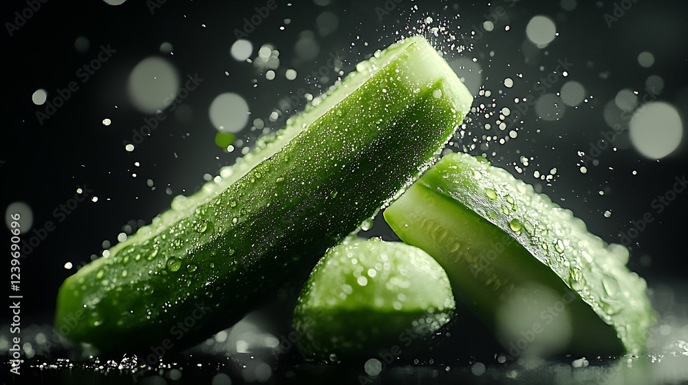 Poster refreshing slices of crisp cucumber with clear water droplets for healthy aesthetic food : generativ
