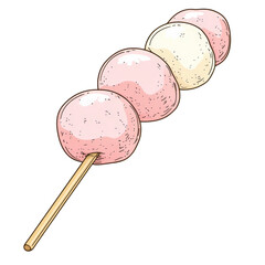A hand-drawn vector illustration of a skewered Japanese dango dessert, featuring three round mochi balls in light pastel colors, transparent background, PNG