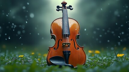 Fototapeta premium Beautiful Wooden Violin Placed on Lush Green Grass Under Soft Rain with Flowers : Generative AI