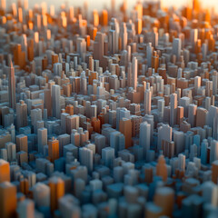 Fototapeta premium 3D Cityscape Shows Buildings Closely Packed Together Under a Hazy Sky