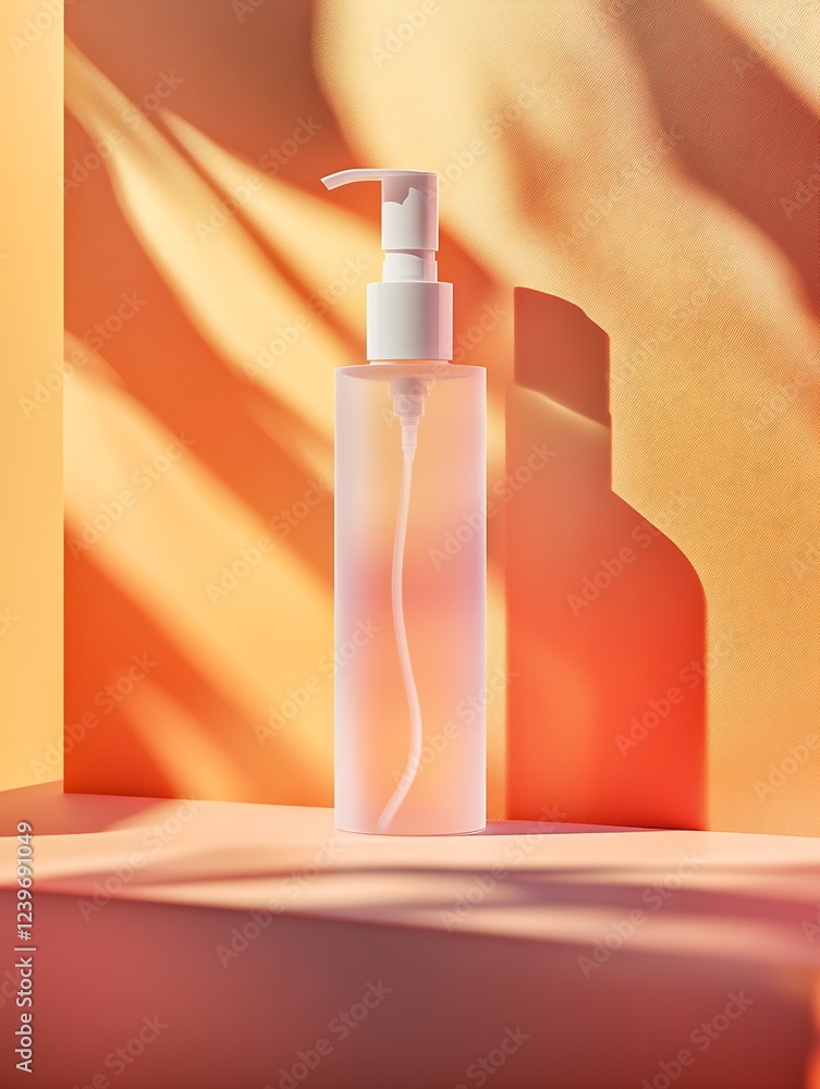 Aufkleber clear bottle with pump dispenser against abstract colorful background featuring soft shadows : gener