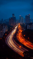 Fototapeta premium Elevated Highway Curves Through City at Night with Light Trails Illuminating the Scene Beautifully