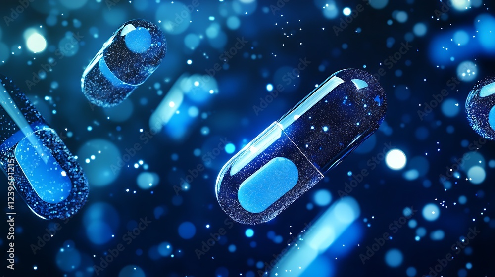 Aufkleber floating blue and black capsules in a digital space surrounded by sparkling particles : generative a