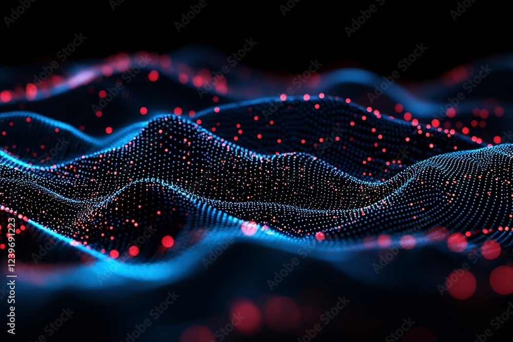 Poster Abstract Digital Waves with Glowing Red and Blue Particles in Dark Background : Generative AI