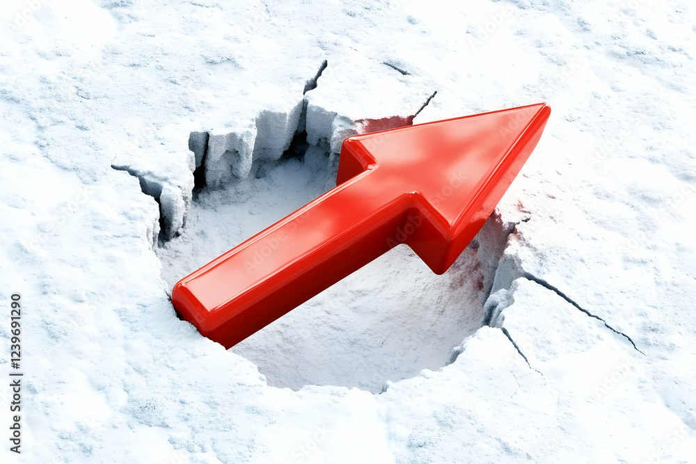 Poster 3d red arrow breaks through a white surface symbolically representing breakthrough