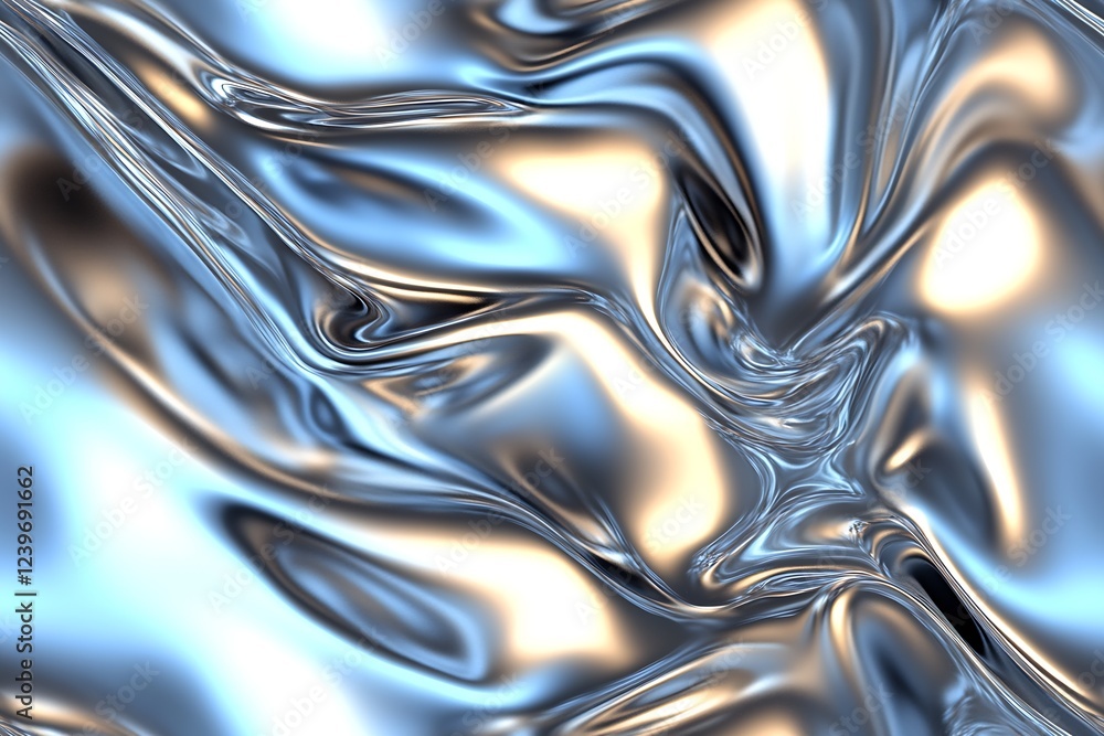 Aufkleber Sleek Abstract Metallic Silver and Blue Surface Flowing with Organic Waves and Patterns : Generative AI