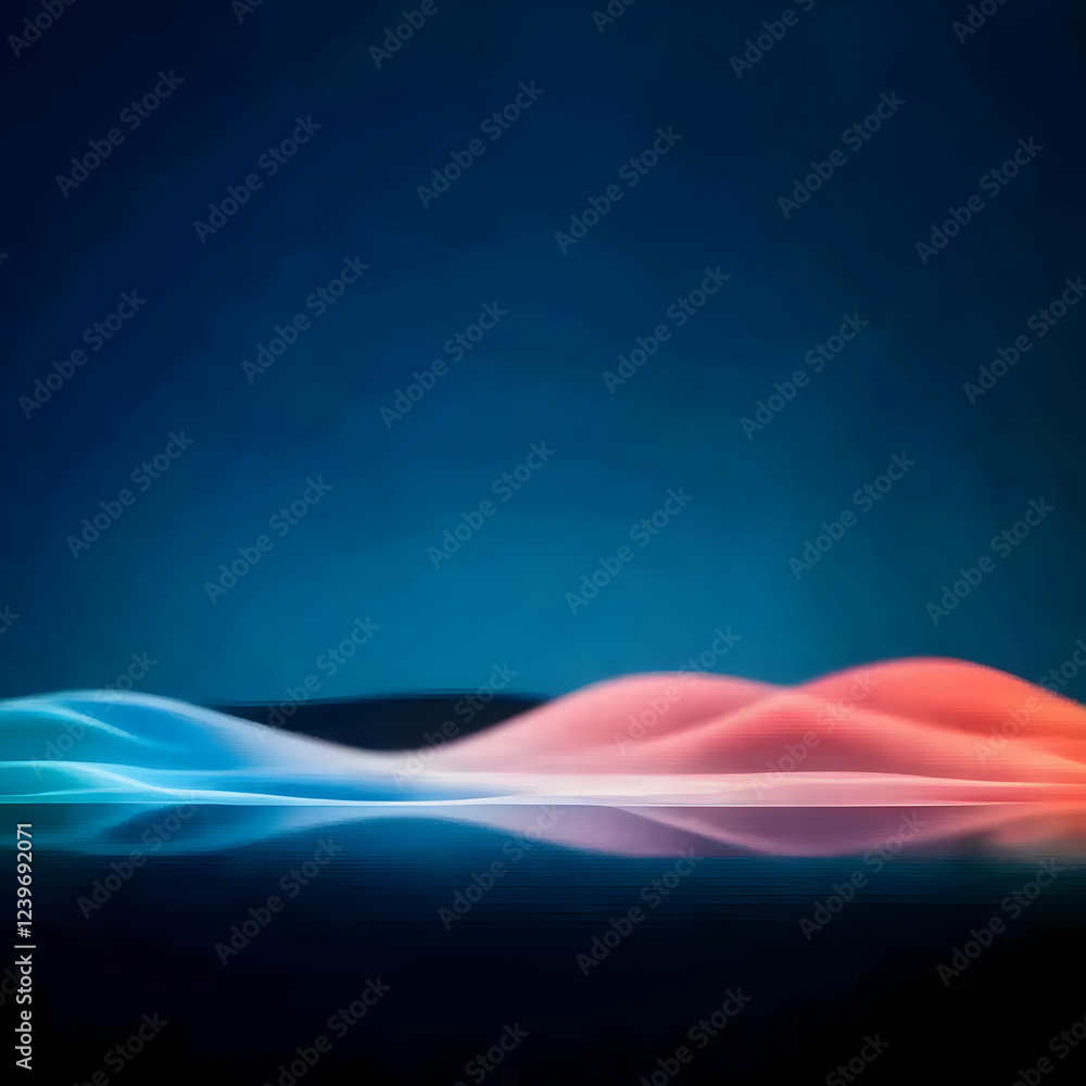 Poster abstract background with flowing blue and red waves reflected smoothly in dark space.