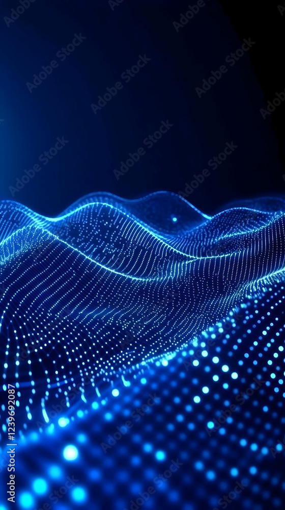 Poster abstract blue digital wave flows smoothly across a dark background with glowing particles.