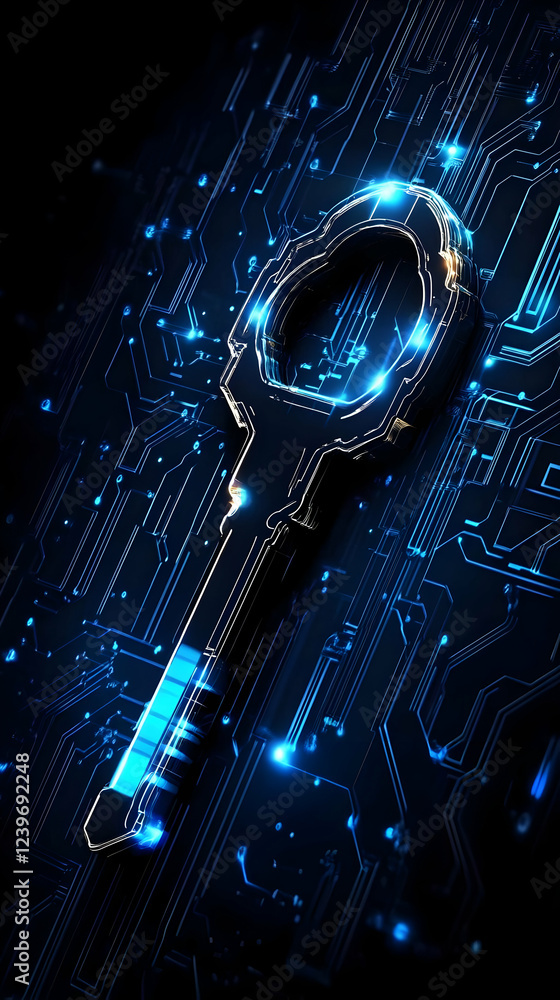 Poster digital key unlocks cybersecurity solutions on circuit board background with blue lights.