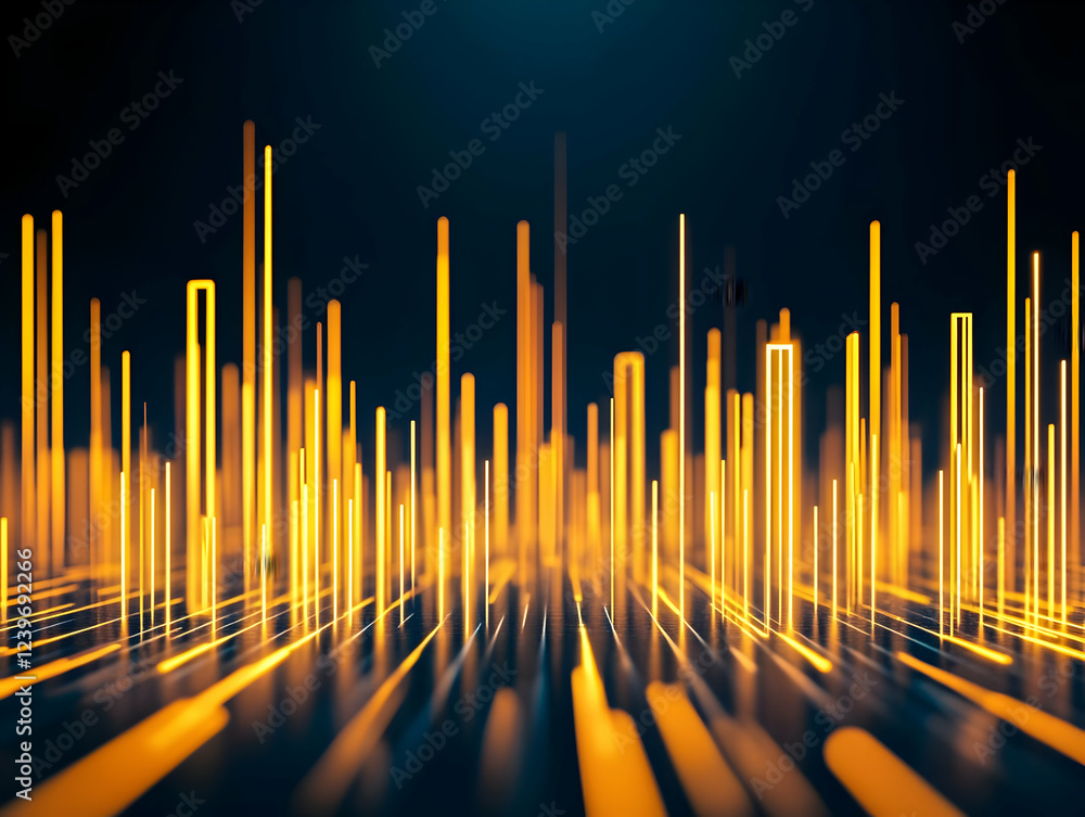 Poster abstract 3d glowing lines form a futuristic cityscape on a dark background with reflections