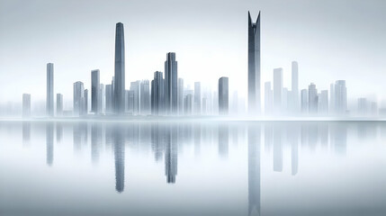 Obraz premium Modern Cityscape Reflected Serenely in Calm Water with a Foggy Atmosphere