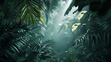 Misty jungle canopy with luminous foliage and a magical ambiance