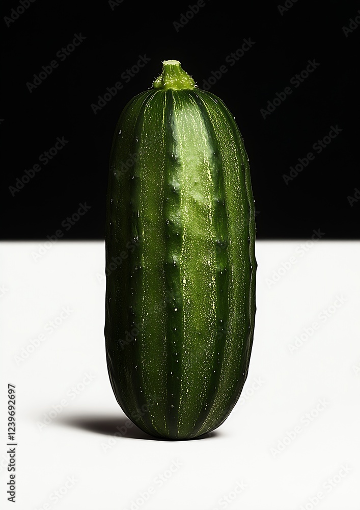 Poster fresh green cucumber on a minimalist white background with dramatic shadows : generative ai