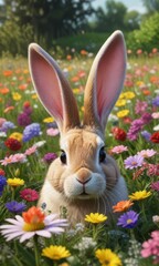 Fototapeta premium Colorful bunny ears in a meadow with vibrant flowers and hidden Easter eggs , nature scenery, seasonal decor, springtime scene