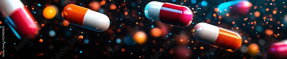Poster Colorful Capsules Floating Against a Dark Background with Sparks and Glow Effects : Generative AI